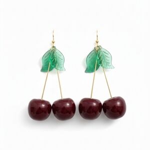 🆕️ Cherry Drop Earrings with Green Leaves NWOT
